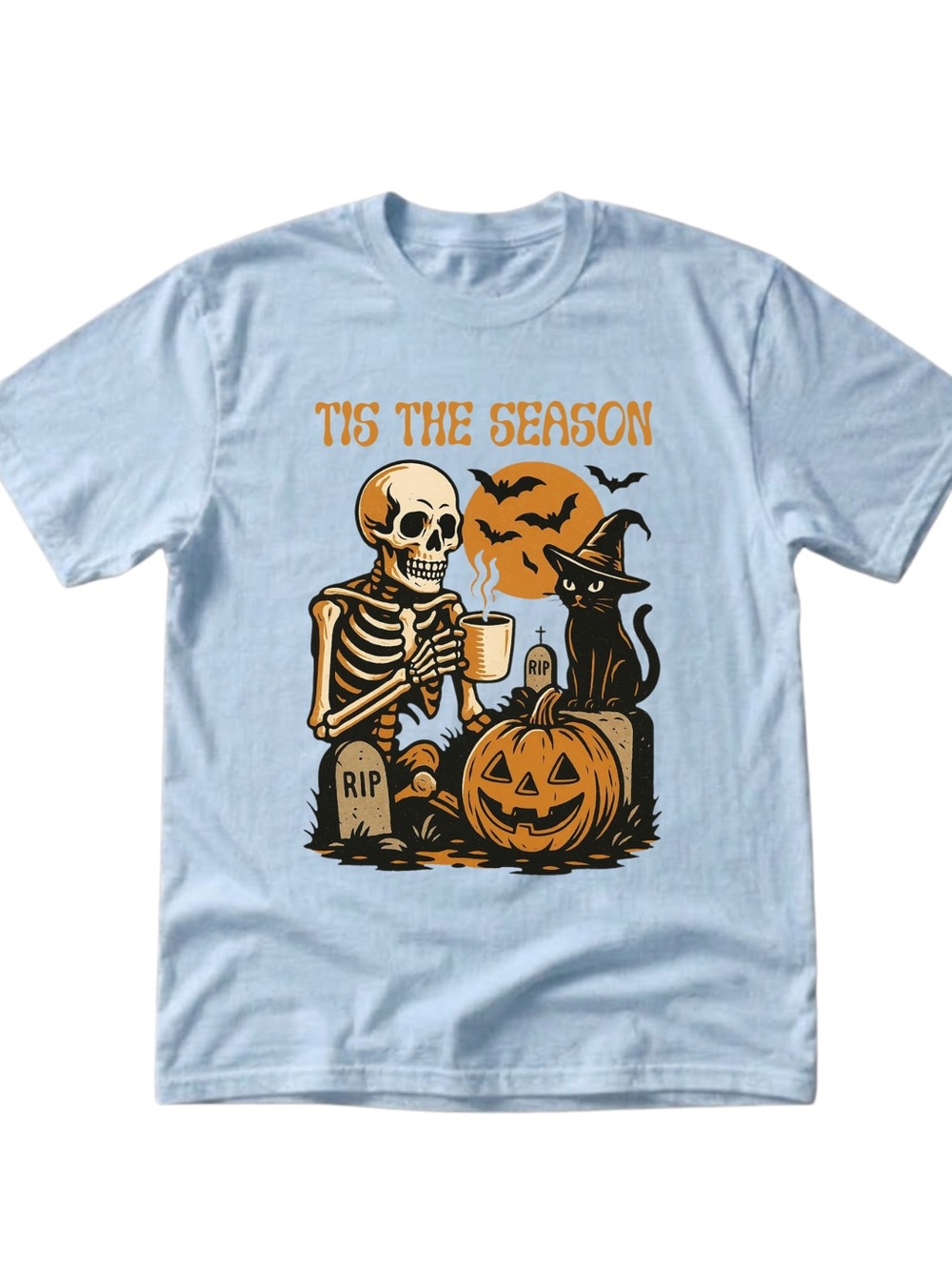 Gildan Halloween Skeleton & Cat Graphic Tee - Light Blue